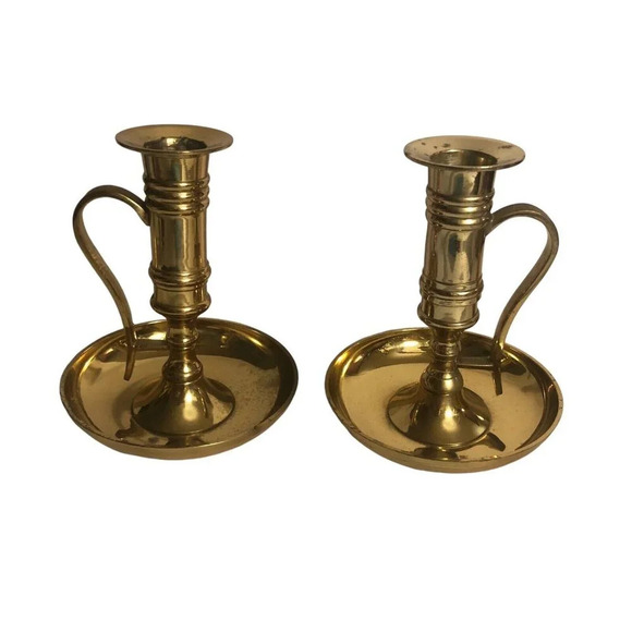 Vtg Brass Pair 2 Chamber Stick 4.75" x 3.75" Candlestick Candle Holder Handle - Picture 1 of 8